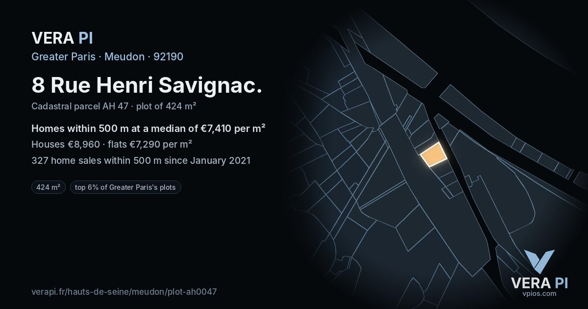 8 Rue Henri Savignac, Meudon at night – the plot lit, the parcels around coloured by the prices near them