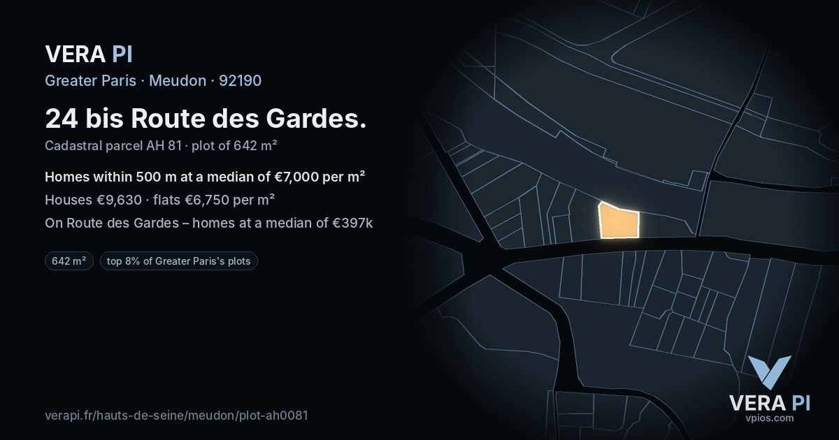 24 bis Route des Gardes, Meudon at night – the plot lit, the parcels around coloured by the prices near them