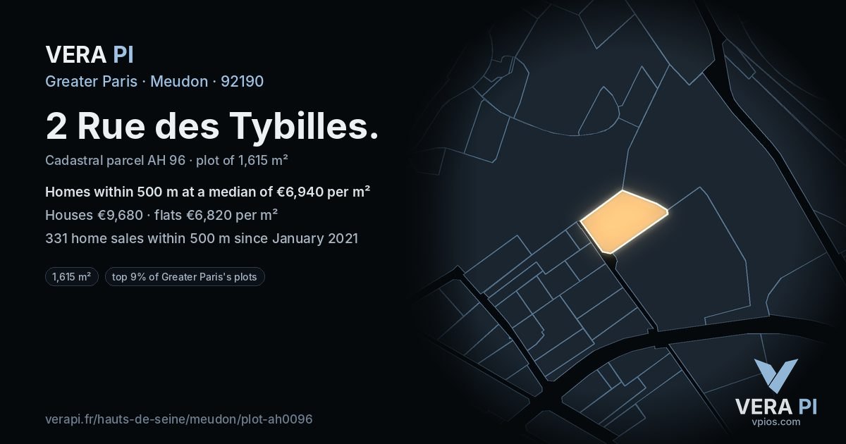2 Rue des Tybilles, Meudon at night – the plot lit, the parcels around coloured by the prices near them