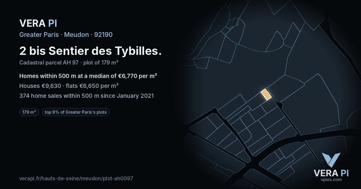 2 bis Sentier des Tybilles, Meudon at night – the plot lit, the parcels around coloured by the prices near them