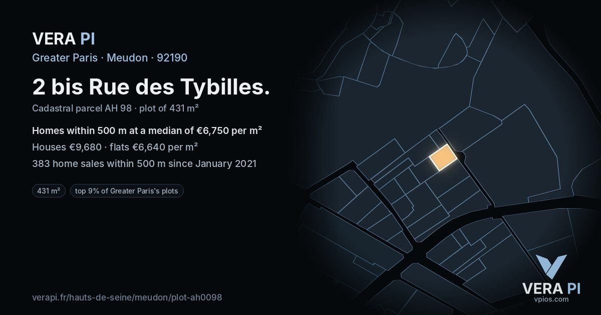 2 bis Rue des Tybilles, Meudon at night – the plot lit, the parcels around coloured by the prices near them