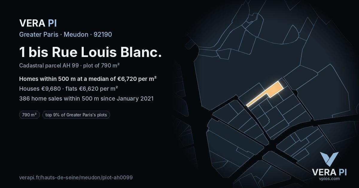 1 bis Rue Louis Blanc, Meudon at night – the plot lit, the parcels around coloured by the prices near them
