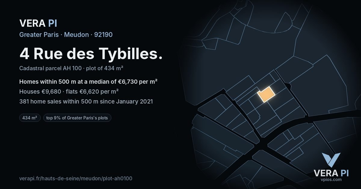4 Rue des Tybilles, Meudon at night – the plot lit, the parcels around coloured by the prices near them