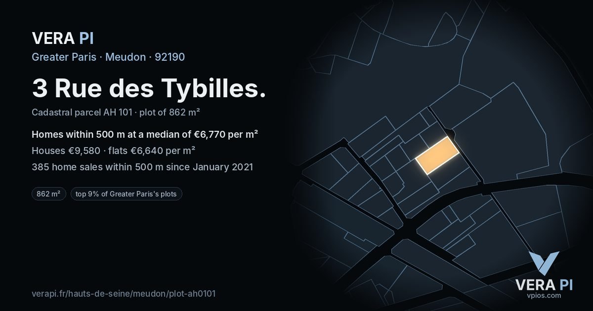 3 Rue des Tybilles, Meudon at night – the plot lit, the parcels around coloured by the prices near them