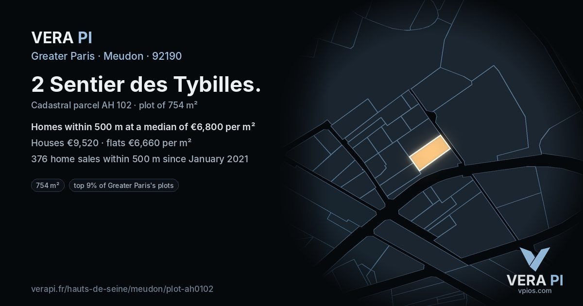 2 Sentier des Tybilles, Meudon at night – the plot lit, the parcels around coloured by the prices near them