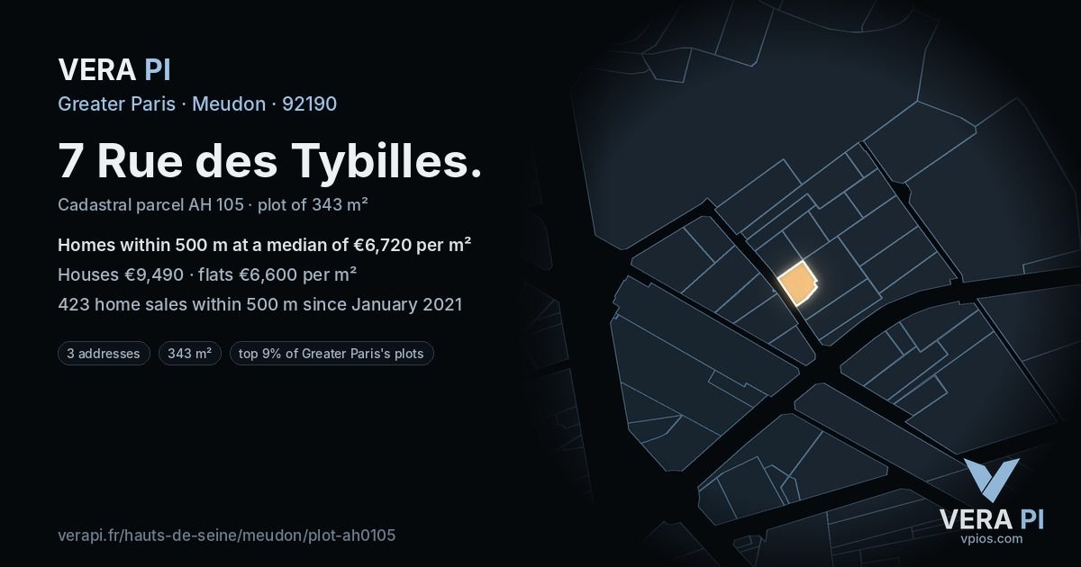 7 Rue des Tybilles, Meudon at night – the plot lit, the parcels around coloured by the prices near them