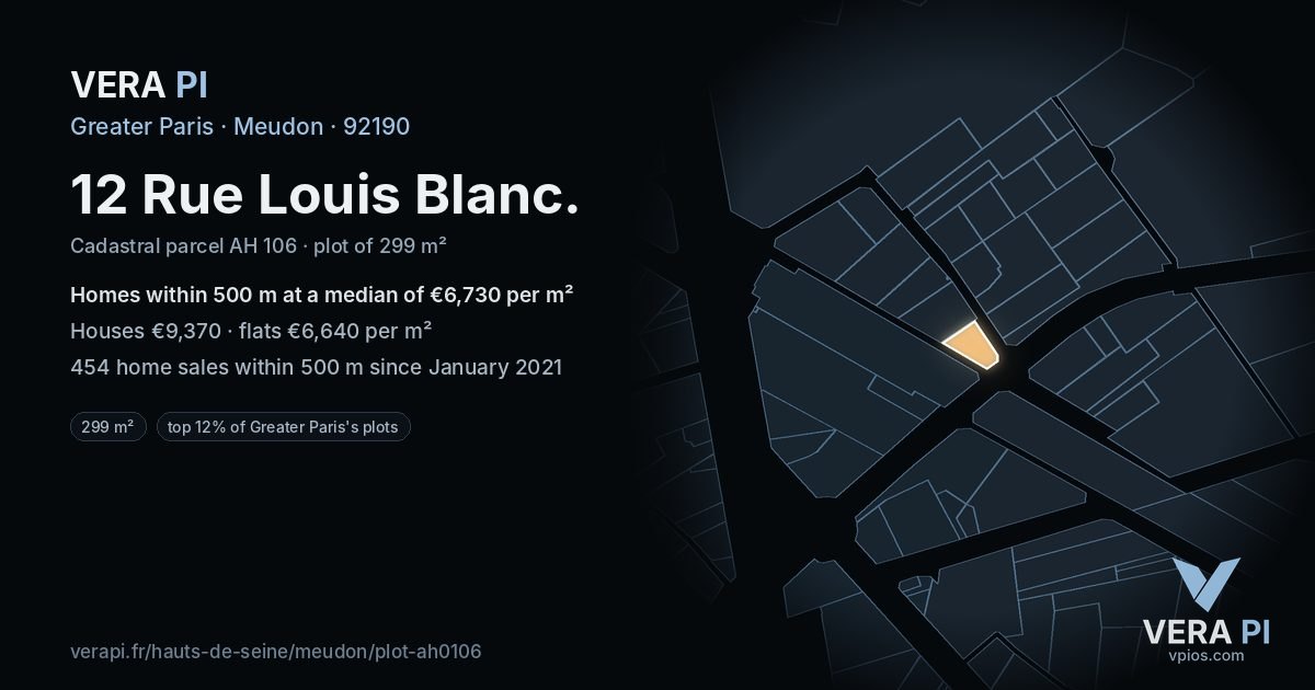 12 Rue Louis Blanc, Meudon at night – the plot lit, the parcels around coloured by the prices near them