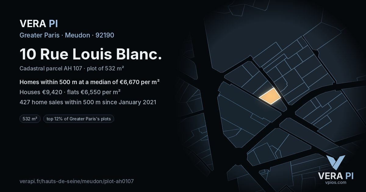 10 Rue Louis Blanc, Meudon at night – the plot lit, the parcels around coloured by the prices near them