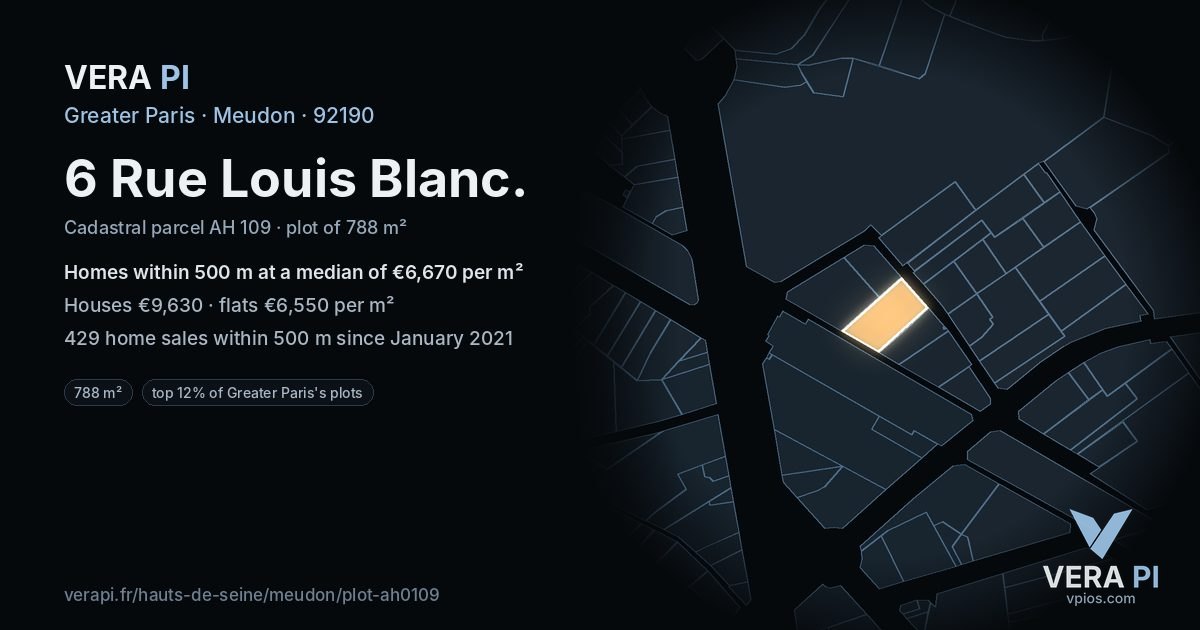 6 Rue Louis Blanc, Meudon at night – the plot lit, the parcels around coloured by the prices near them
