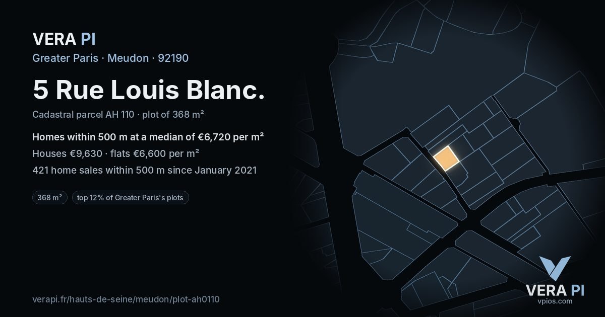 5 Rue Louis Blanc, Meudon at night – the plot lit, the parcels around coloured by the prices near them