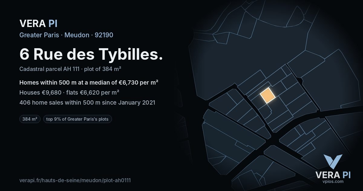6 Rue des Tybilles, Meudon at night – the plot lit, the parcels around coloured by the prices near them