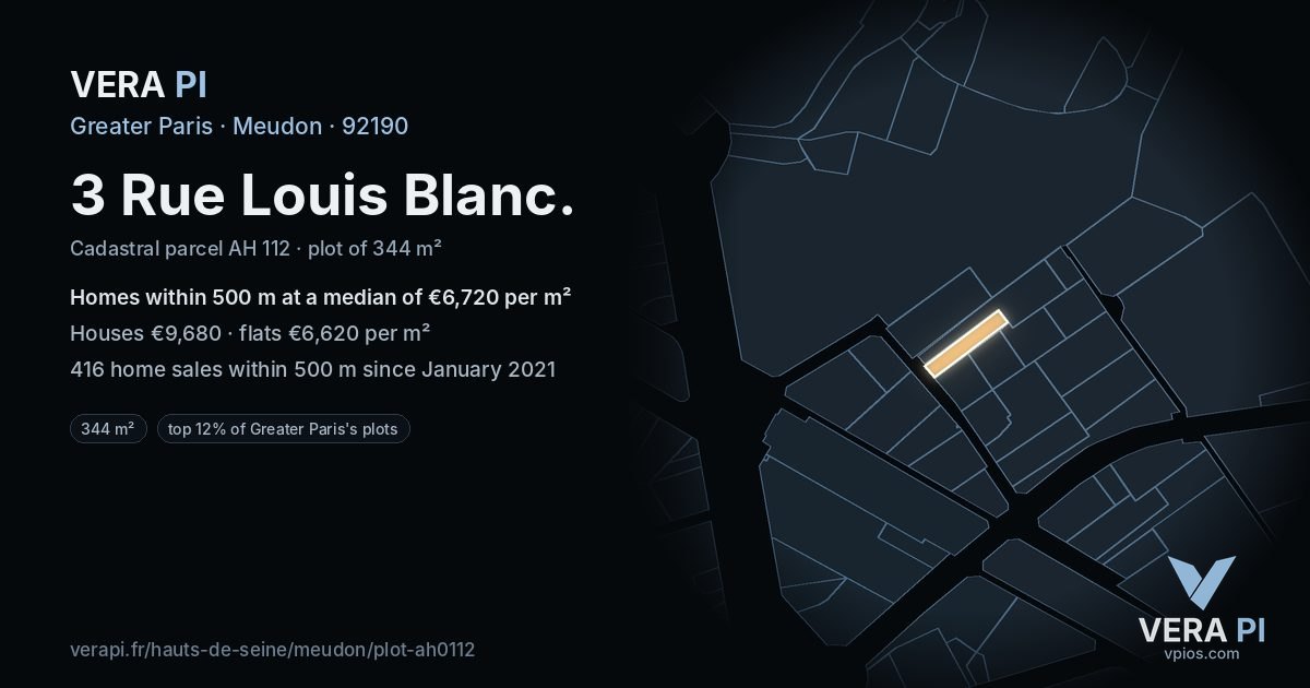 3 Rue Louis Blanc, Meudon at night – the plot lit, the parcels around coloured by the prices near them