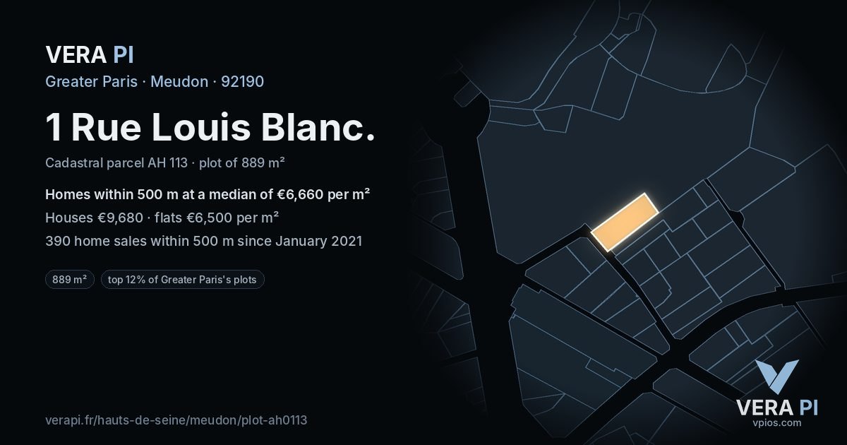1 Rue Louis Blanc, Meudon at night – the plot lit, the parcels around coloured by the prices near them