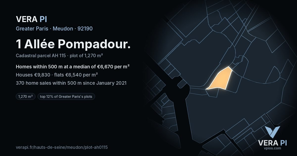 1 Allée Pompadour, Meudon at night – the plot lit, the parcels around coloured by the prices near them