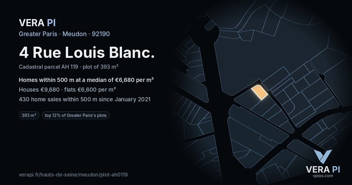 4 Rue Louis Blanc, Meudon at night – the plot lit, the parcels around coloured by the prices near them
