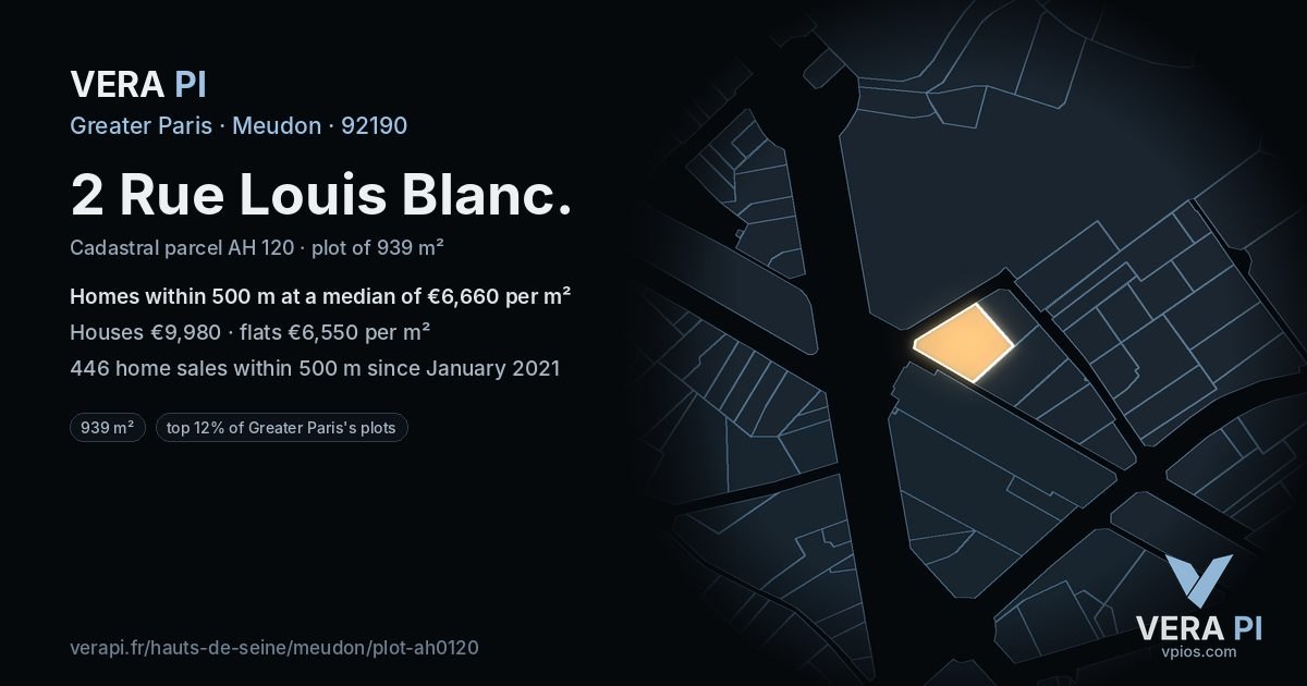 2 Rue Louis Blanc, Meudon at night – the plot lit, the parcels around coloured by the prices near them