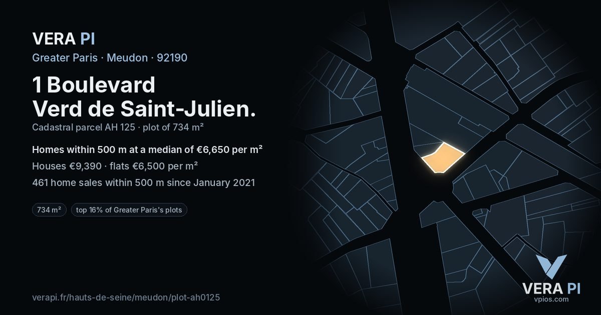 1 Boulevard Verd de Saint-Julien, Meudon at night – the plot lit, the parcels around coloured by the prices near them