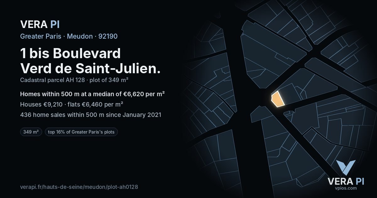 1 bis Boulevard Verd de Saint-Julien, Meudon at night – the plot lit, the parcels around coloured by the prices near them