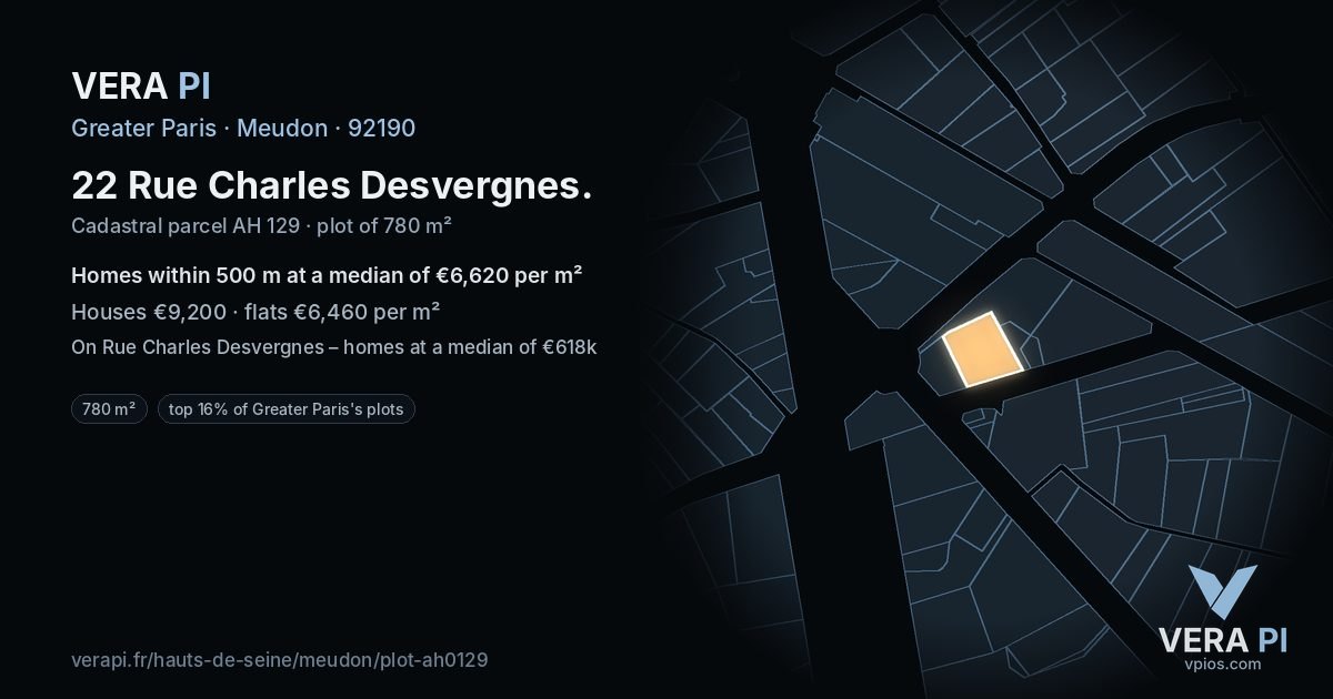 22 Rue Charles Desvergnes, Meudon at night – the plot lit, the parcels around coloured by the prices near them