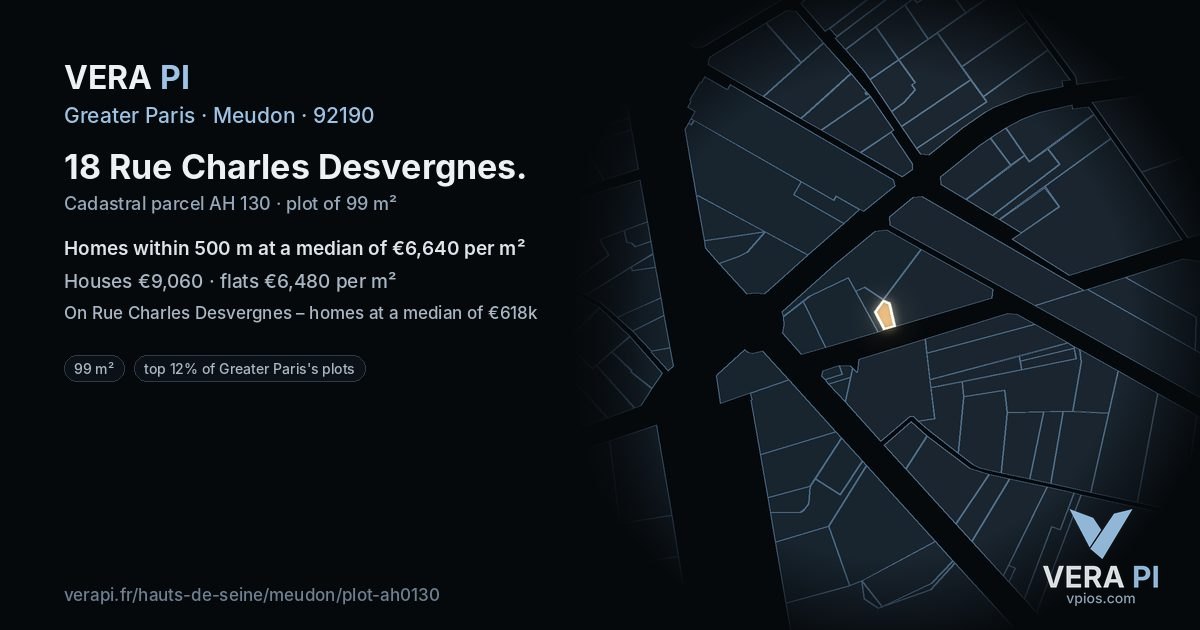 18 Rue Charles Desvergnes, Meudon at night – the plot lit, the parcels around coloured by the prices near them