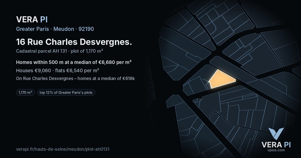 16 Rue Charles Desvergnes, Meudon at night – the plot lit, the parcels around coloured by the prices near them