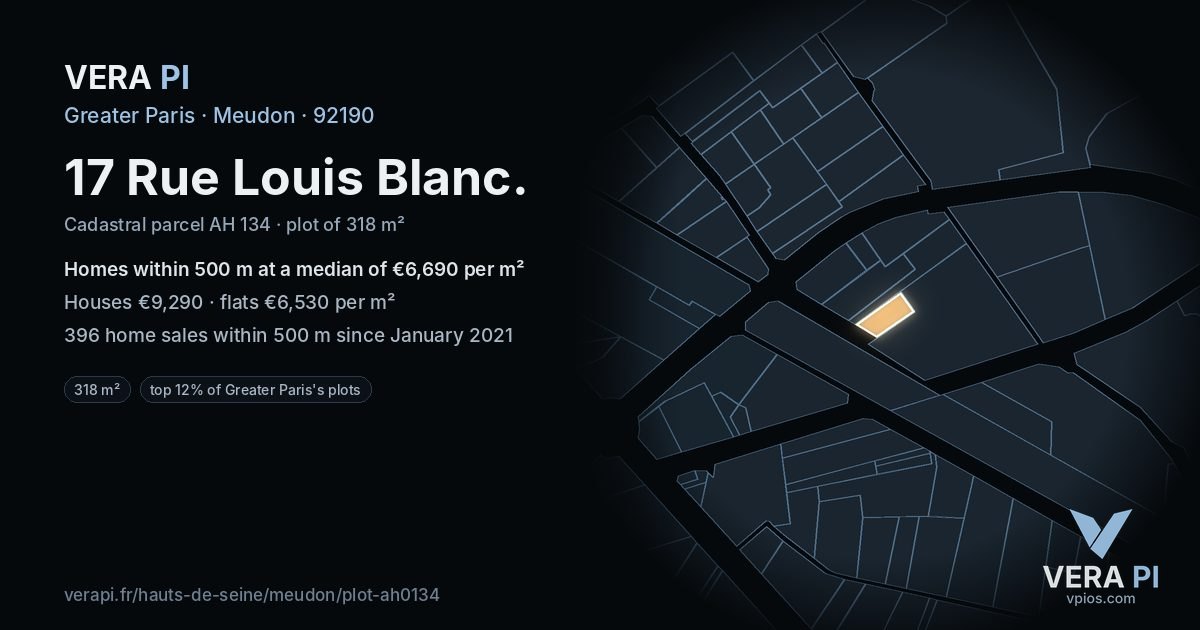 17 Rue Louis Blanc, Meudon at night – the plot lit, the parcels around coloured by the prices near them