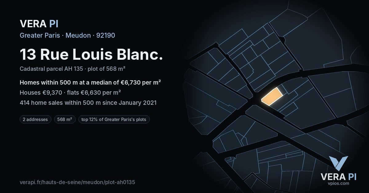 13 Rue Louis Blanc, Meudon at night – the plot lit, the parcels around coloured by the prices near them