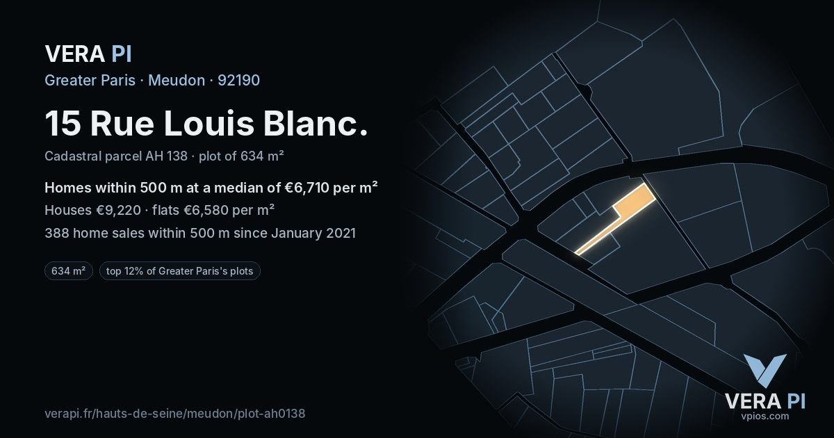 15 Rue Louis Blanc, Meudon at night – the plot lit, the parcels around coloured by the prices near them