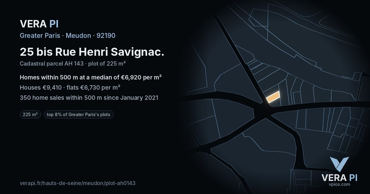 25 bis Rue Henri Savignac, Meudon at night – the plot lit, the parcels around coloured by the prices near them