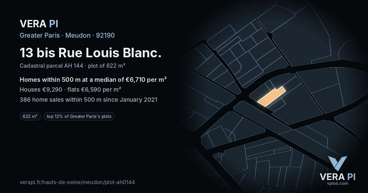 13 bis Rue Louis Blanc, Meudon at night – the plot lit, the parcels around coloured by the prices near them