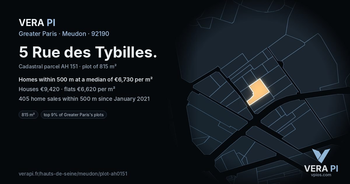 5 Rue des Tybilles, Meudon at night – the plot lit, the parcels around coloured by the prices near them