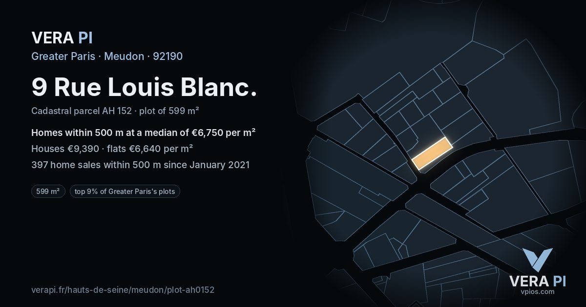 9 Rue Louis Blanc, Meudon at night – the plot lit, the parcels around coloured by the prices near them