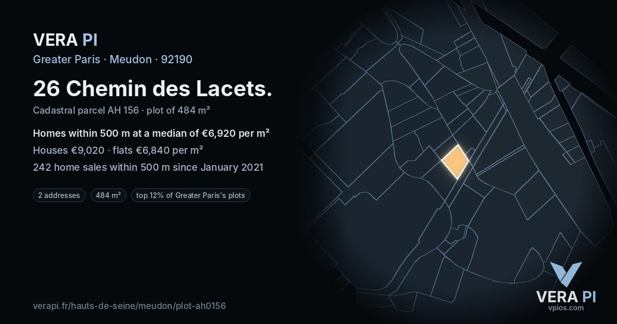 26 Chemin des Lacets, Meudon at night – the plot lit, the parcels around coloured by the prices near them