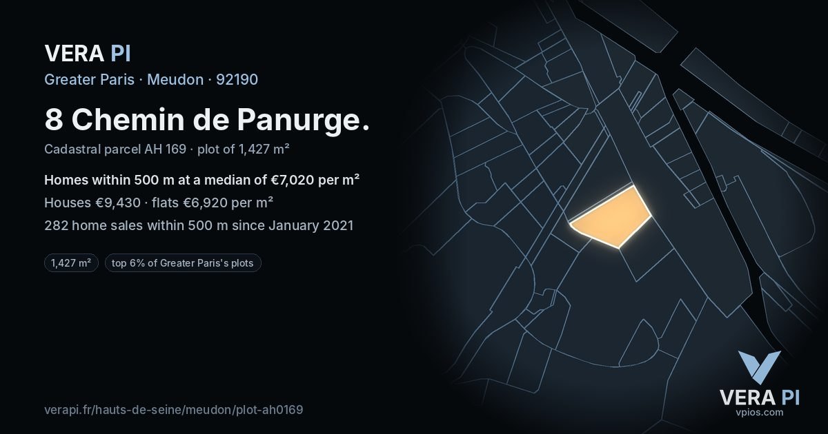 8 Chemin de Panurge, Meudon at night – the plot lit, the parcels around coloured by the prices near them