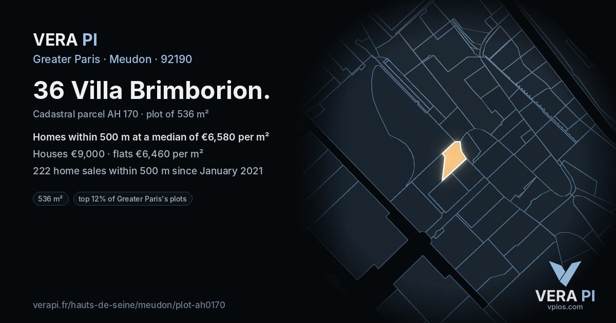 36 Villa Brimborion, Meudon at night – the plot lit, the parcels around coloured by the prices near them