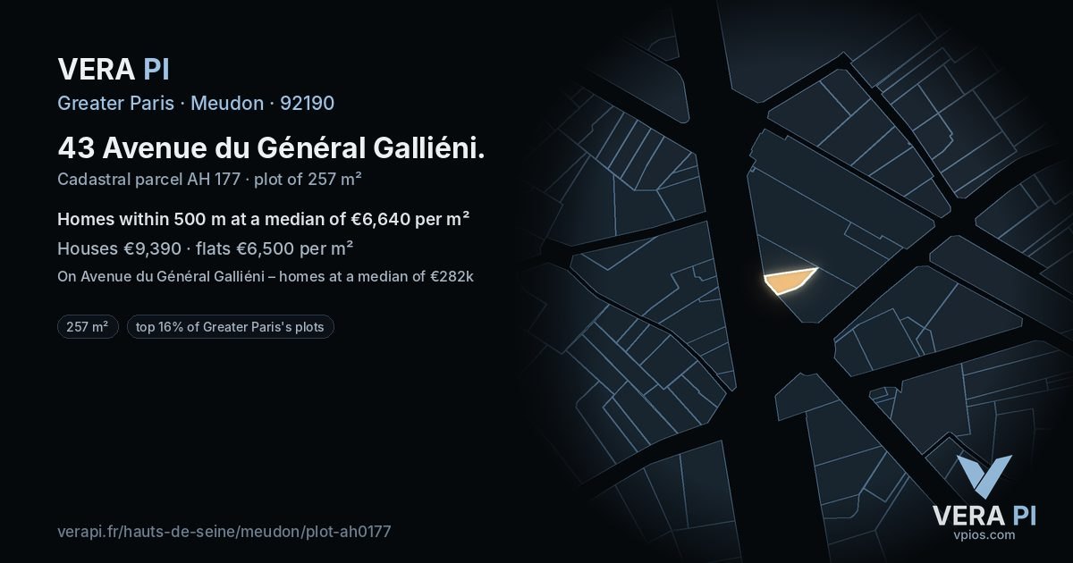 43 Avenue du Général Galliéni, Meudon at night – the plot lit, the parcels around coloured by the prices near them