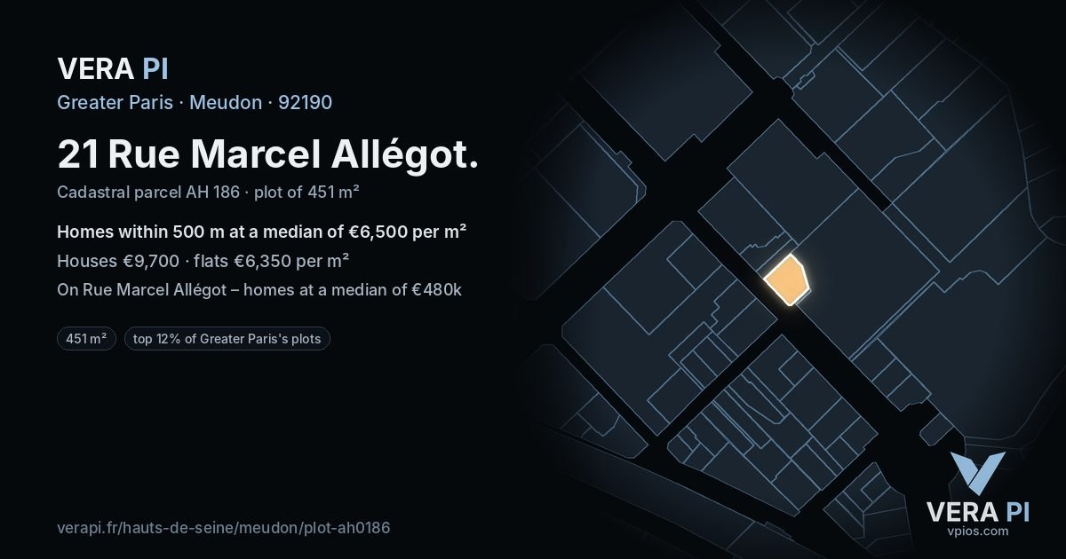 21 Rue Marcel Allégot, Meudon at night – the plot lit, the parcels around coloured by the prices near them