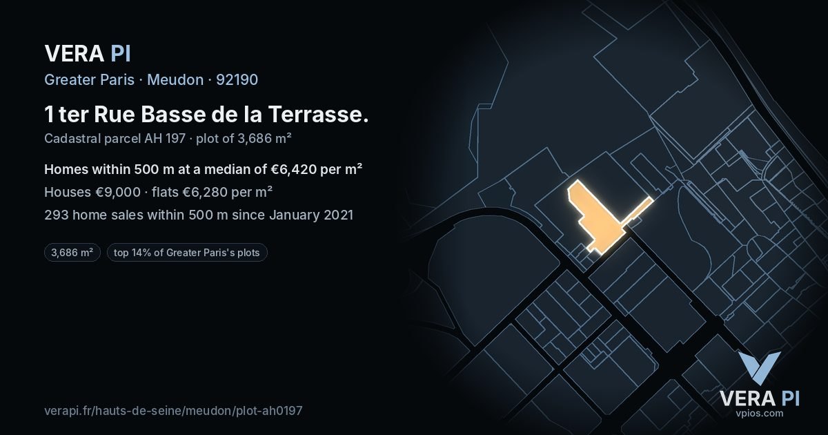 1 ter Rue Basse de la Terrasse, Meudon at night – the plot lit, the parcels around coloured by the prices near them