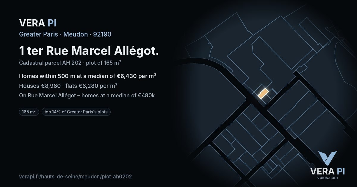 1 ter Rue Marcel Allégot, Meudon at night – the plot lit, the parcels around coloured by the prices near them
