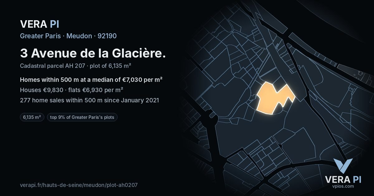 3 Avenue de la Glacière, Meudon at night – the plot lit, the parcels around coloured by the prices near them
