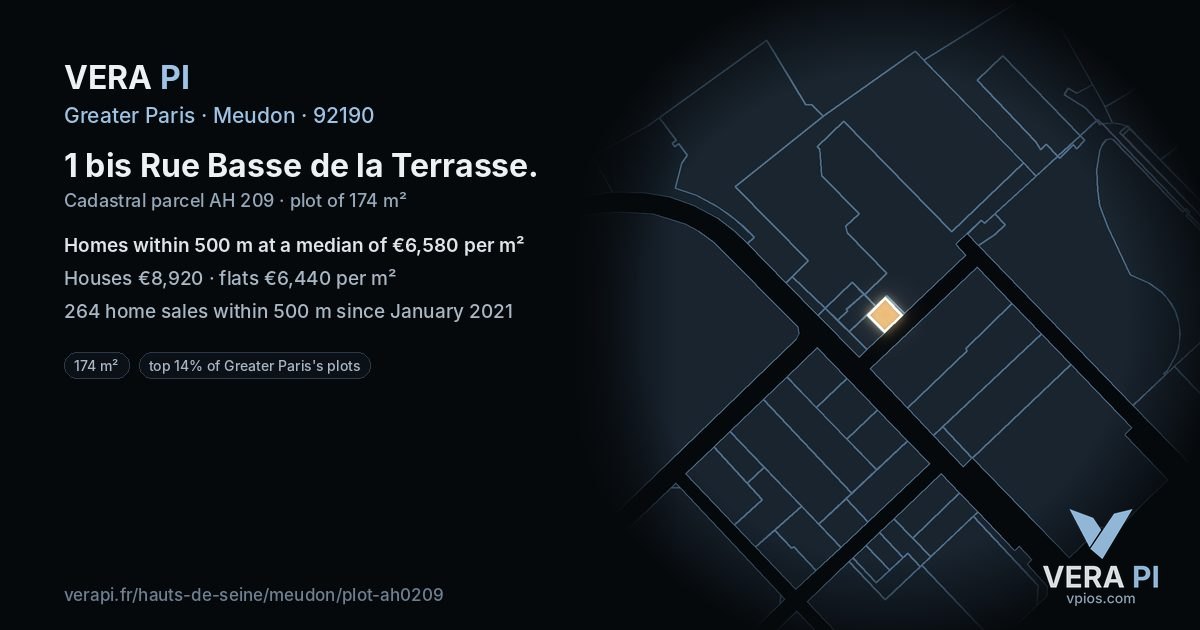 1 bis Rue Basse de la Terrasse, Meudon at night – the plot lit, the parcels around coloured by the prices near them