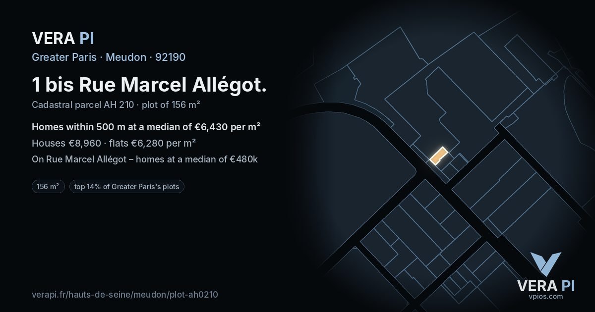 1 bis Rue Marcel Allégot, Meudon at night – the plot lit, the parcels around coloured by the prices near them