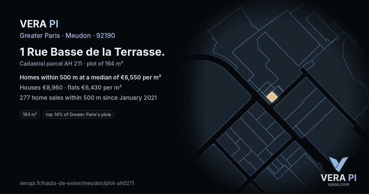 1 Rue Basse de la Terrasse, Meudon at night – the plot lit, the parcels around coloured by the prices near them