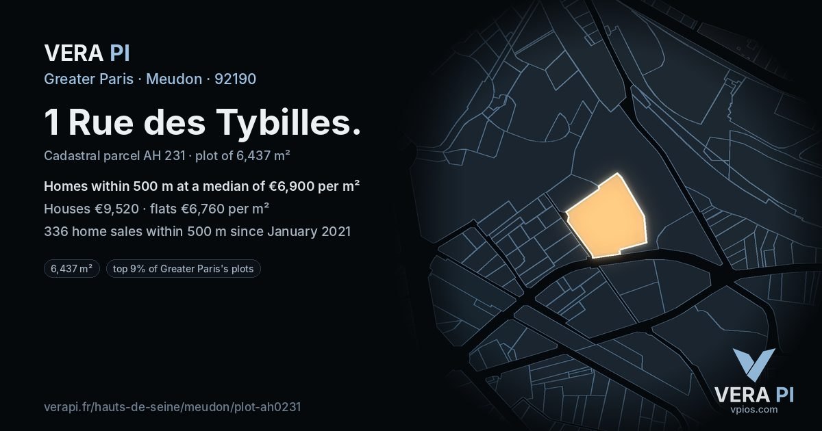 1 Rue des Tybilles, Meudon at night – the plot lit, the parcels around coloured by the prices near them