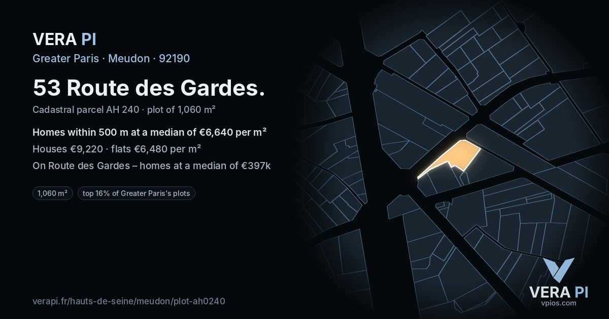 53 Route des Gardes, Meudon at night – the plot lit, the parcels around coloured by the prices near them