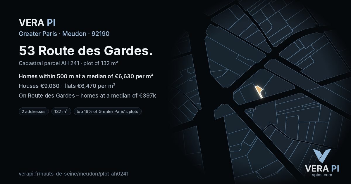 53 Route des Gardes, Meudon at night – the plot lit, the parcels around coloured by the prices near them
