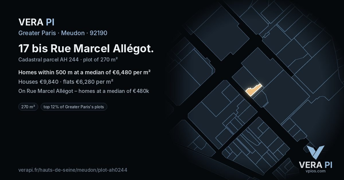 17 bis Rue Marcel Allégot, Meudon at night – the plot lit, the parcels around coloured by the prices near them