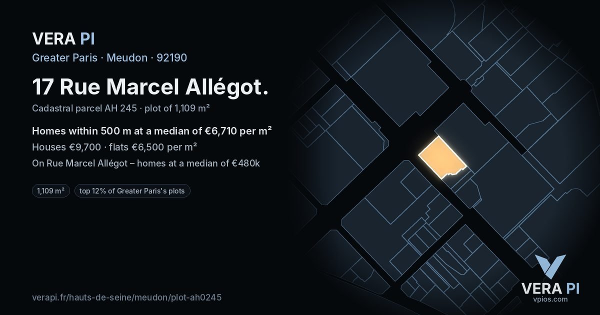17 Rue Marcel Allégot, Meudon at night – the plot lit, the parcels around coloured by the prices near them