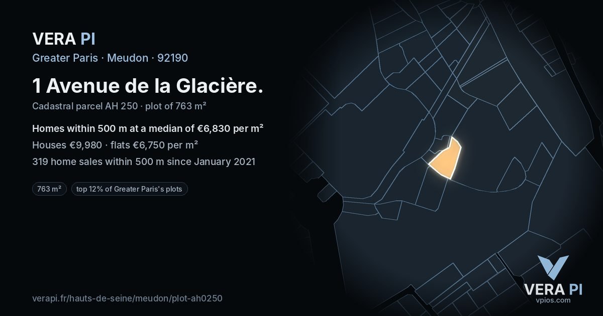 1 Avenue de la Glacière, Meudon at night – the plot lit, the parcels around coloured by the prices near them