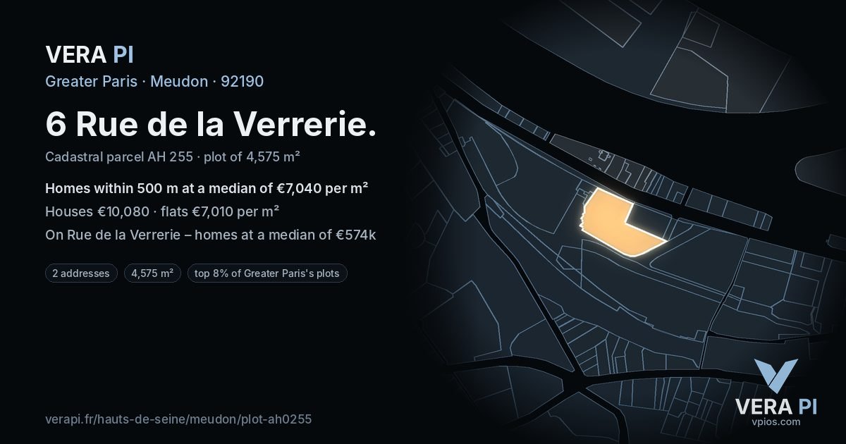 6 Rue de la Verrerie, Meudon at night – the plot lit, the parcels around coloured by the prices near them